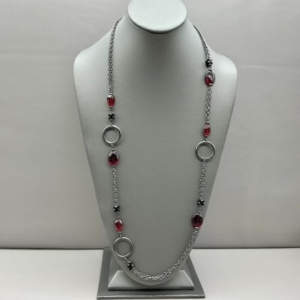 Lia Sophia Necklace Womens Red Black Beaded Silver Tone Double Strand 26"